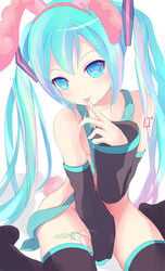 animal_ears aqua_eyes aqua_hair bunny_ears condom cum detached_sleeves female gumo hatsune_miku heart heart-shaped_pupils highres licking long_hair necktie nude sitting solo symbol-shaped_pupils thighhighs tied_hair twintails used_condom very_long_hair vocaloid wariza