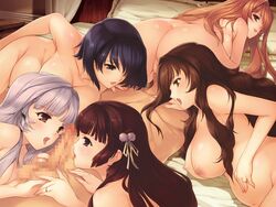 5girls alice_soft areolae ass bed blonde_hair blue_eyes blue_hair blush breasts brown_eyes brown_hair censored collaborative_fellatio fellatio game_cg harem highres kamishiro_kotone kamishiro_ririko kamishiro_saya kaneda_kyouko large_breasts legs licking long_hair lying min-naraken multiple_girls nipples nude open_mouth oral oyako_rankan penis pillow pregnant purple_hair short_hair teamwork thighs yukino_(oyako_rankan)