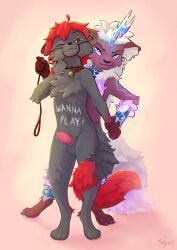 animal_genitalia animal_penis anthro balls bell bell_collar biped bite bite_mark blush bodily_fluids canid canine cheek_tuft chest_tuft claws collar collar_tag digital_drawing_(artwork) digital_media_(artwork) digitigrade domestic_cat dominant dominant_anthro dominant_male dripping duo english_text erection facial_tuft fangs felid feline feline_genitalia feline_penis felis fluffy fluffy_tail full-length_portrait fur genital_fluids genitals grey_body grey_fur hi_res inviting leash leash_pull lethos_storms looking_at_viewer male male/male mammal muzzle_(object) navel nude one_eye_closed paws penile_spines penis portrait precum precum_drip purple_body purple_fur restrained scratches sheath simple_background skyvo slim small_waist smile standing submissive submissive_anthro submissive_male tail teeth text tuft
