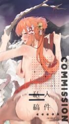 1boy absurdres aihara_mai ass back blue_eyes blush branch breasts breath butterfly_hair_ornament commentary_request commission completely_nude cowboy_shot female flower from_behind grabbing_another's_ass groping hair_bun hair_flower hair_ornament hair_stick highres large_breasts long_hair looking_at_viewer looking_back mahjong_soul male motion_blur nich_fafa nipples nude open_mouth orange_hair penis ponytail pussy rope sex shide shimenawa single_hair_bun snow solo_focus straight uncensored vaginal_penetration variant_set yellow_flower