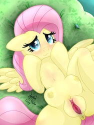 2014 above_average_crotchboobs anus blush crotchboob crotchboobs equine female fluttershy_(mlp) friendship_is_magic fur furry hair horse joakaha lying mammal my_little_pony navel on_back pegasus pink_hair pony pussy solo wings yellow_fur