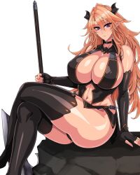 1girls big_breasts black_stockings black_thigh_highs black_thighhighs blonde blonde_female blonde_hair breasts crossed_legs demon demon_girl demon_horns elbow_gloves female female_focus female_only fingerless_gloves gloves holding_object holding_weapon horns humanoid light-skinned_female light_skin long_hair long_hair_female looking_at_viewer oninoe original pointy_ears pose posing purple_eyes revealing_clothes sitting solo solo_female solo_focus stockings thick_thighs thigh_highs thighhighs voluptuous voluptuous_female weapon white_background wide_hips