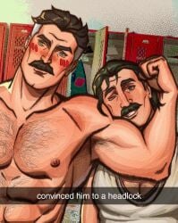 bara big_pecs crossover daddy dilf dispatch_(game) gay headlock invincible locker_room male male_only moustache muscular muscular_male nolan_grayson omni-man phenomaman vaile_valley