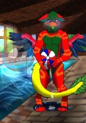accident accidental_exposure animal_genitalia anthro ball beach_ball bodily_fluids clothing cor1998l cum dragon dutch_angel_dragon exposed genital_fluids genitals inflatable knot male mythological_creature mythological_scalie mythology paws penis pike_the_dutchy pool rainbow scalie sheath solo star_trek swimming_trunks swimwear wings