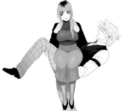 1boy 1girls big_breasts blunt_bangs bomber_jacket breasts daan_(fear_and_hunger) eriurias73 fear_and_hunger fear_and_hunger:_termina female full_body fully_clothed karin_(fear_and_hunger) long_hair male monochrome ponytail sitting sitting_on_person skirt thick_eyebrows wide_hips