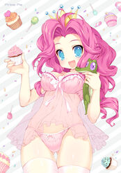 alligator babydoll blue_eyes blush breasts candy crown cupcake emily_(pure_dream) female feral food friendship_is_magic gummy_(mlp) hair holding human humanized lingerie lollipop long_hair looking_at_viewer male my_little_pony navel nightgown open_mouth panties personification pink_hair pinkie_pie_(mlp) reptile scalie smile sprinkles underwear