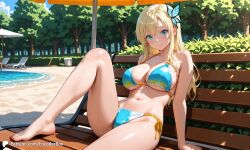 1girls ai_generated barefoot beach bench big_breasts bikini boku_wa_tomodachi_ga_sukunai butterfly_hair_ornament encoder female hair_ornament looking_at_viewer nature outdoors park public sand sea sena_kashiwazaki sfw sitting sitting_on_bench smile smiling swimsuit teenage_girl waves