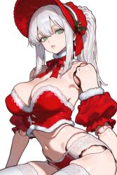 1female 1girls 2025 ai_assisted ai_generated background big_breasts bloodborne blush blushing_female breasts christmas christmas_clothing christmas_outfit cleavage clothed_female clothing cropped_shirt doll doll_joints female female_focus female_only fromsoftware green_eyes lace_panties large_breasts light-skinned_female light_skin lingerie long_hair nipples panties plain_doll ponytail pose posing revealing_clothes santa_costume seductive sexy sexy_clothing simple_background smile smiling thighhighs uncensored video_game video_game_character video_game_franchise video_games white_hair