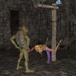 asphyxiation blonde_hair bondage bound campsterman captured chained chains dungeon duo elf female feral genitals hair hanging_from_branch humanoid knot male male/female orc penis peril questionable_consent