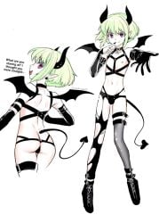 1boy androgynous ass ass_focus bat_wings black_legwear black_panties bulge bulge_through_clothing choker collar crossdressing devil_horns devil_tail dialogue femboy femboy_only feminine_male incubus kisaki030p lio_fotia multiple_views petite petite_body petite_male promare slim slim_male slim_waist solo succubus succubus_horns succubus_tail succubus_wings teasing text thigh_strap twink