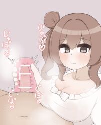 1boy 1girls artificial_vagina bar_censor blush breasts brown_eyes brown_hair censored cevio clothed_female_nude_male clothing eyebrows_visible_through_hair handjob handjob_w/sex_toy haru_no_yasaki huge_breasts light-skinned_female light-skinned_male light_skin looking_at_viewer male_pov pov satou_sasara see-through_sex_toy sex_toy sweat voiceroid