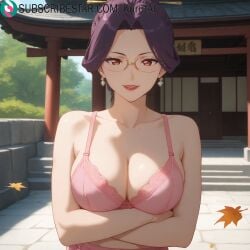 1girls ai_generated arm_under_breasts arms_under_breasts artist_name artist_signature autumn_leaves bra breast_hold breasts cleavage collarbone crossed_arms earrings falling_leaves glasses hi_res high_resolution highres jewelry kurutai large_breasts looking_at_viewer maple_leaf pink_bra purple_hair reiha_tsuge shinobi_no_ittoki short_hair smile solo subscribestar subscribestar_username uncensored underwear upper_body
