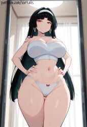 ai_generated ass_visible_through_thighs astra_yao bangs bare_shoulders black_hair blunt_bangs bow bow_panties breasts cleavage curtains earrings female hairband hands_on_hips hoyoverse indoors jewelry large_breasts long_hair looking_at_viewer mihoyo mirror navel panties parted_lips red_eyes solo stomach strapless thigh_gap thighs underwear vortalis white_hairband white_panties wide_hips zenless_zone_zero