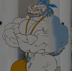 angry_smile ass background bara bathroom big_butt big_butt_(male) buff dark_background dinosaur dinosaur_tail incisaur mankini mankini_ass_view my_singing_buff_or_bara_monsters my_singing_monsters my_singing_monsters:_dawn_of_fire orange_mankini penis_exposed_on_mankini saliva sexy smile smiley_face tail