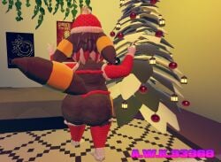 3d 3d_(artwork) anthro arm_warmers awk33368_(artist) beanie big_ass big_breasts black_fur bra christmas christmas_outfit chubby chubby_female dyed_hair ear_piercing fat_ass furry furry_female glasses lidded_eyes lingerie nipple_piercing panties peace_sign piercing pokemon pokemon_(species) posing posing_for_picture posing_for_the_viewer rec_room recroom red_bra red_panties shortstack thighhighs umbreon umbri_(awk33368)