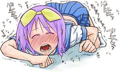 ass blush blushing crawling eyes_closed female female_only headband human japanese_text lucky_star mouth_open nostrils purple_hair school_uniform skirt socks solo tagme tsukasa_hiiragi