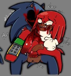 animal_genitalia animal_penis anthro_on_anthro anthro_penetrated anthropomorphic anthropomorphic_animal balls ballsack black_sclera blood_in_mouth blood_on_face blood_stain bloody_nose bulged_belly classic_knuckles cloacal_penetration cloacal_penis cropped cropped_image dark_blue_fur dilated_pupils echidna echidna_penis fourth_wall grabbing_chin grey_background hand_on_chest hedgehog hedgehog_boy knotted_penis knuckles_the_echidna kolossos kolossos_fan lifting_leg looking_down male_only mentioned_character mouthless mutated no_humans no_nipples plap red_eyes red_fur size_difference sonic.exe_(series) sonic.exe_the_disaster spread_legs sweat tremble_lines trembling_lines