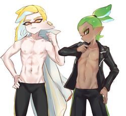 2boys color emperor_(splatoon) femboy green_eyes green_hair inkling jtveemo light_skin male male_nipples male_only navel rider_(splatoon) splatoon splatoon_(manga) tentacle_hair tight_clothing yellow_eyes yellow_hair