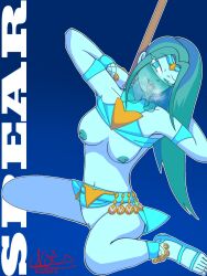 1girls belly_dancer_outfit blue_body blue_eyes blue_skin blush breath_cloud earclacks female heart-shaped_pupils legs_spread nipples saliva_drip spear spear_(weapon_ball_battles) spread_legs tongue_out veil weapon_ball_battles