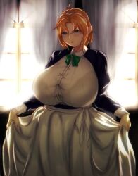 1girls apron bra bra_visible_through_clothes breasts breasts_bigger_than_head dress enmaided female female_focus female_only frills glasses hair_between_eyes hi_res highres huge_breasts hyper_breasts light-skinned_female light_skin liselotte_meier_(stickvenezuela) maid maid_headdress massive_breasts mature_female orange_hair original original_character puffy_sleeves purple_dress remake remastered rimless_eyewear see-through_clothes sidelocks smile solo stickvenezuela tagme teal_eyes underwear waist_apron white_apron