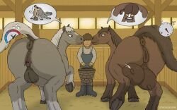 animal_genitalia animal_vulva anus big_teats bodily_fluids breast_milking brown_body bucket cheek_lick clothed clothing container crotch_breasts crotchboobs equid equine equine_anus equine_genitalia equine_vulva face_lick female feral genitals grey_body group heat_(temperature) hi_res hooves horse huge_teats human human_on_feral interspecies lactating larger_female larger_feral licking looking_at_another looking_at_partner male male/female mammal milk size_difference stable strohdelfin sweat teats tongue udders zoophilia