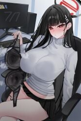 1girls bare_legs black_bra black_hair black_skirt blue_archive bra breasts bright_pupils chair commentary computer computer_keyboard crossed_legs doodle_sensei_(blue_archive) feet_out_of_frame female female_only fingernails highres huge_breasts lengkuass long_hair looking_at_viewer microskirt monitor on_chair pleated_skirt red_eyes ringed_eyes rio_(blue_archive) sensei_(blue_archive) sitting skirt solo straight_hair sweat sweater swivel_chair symbol-only_commentary underwear unworn_bra very_long_hair white_pupils white_sweater