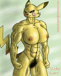 breasts exposed_breasts female female_only female_pikachu fur furry nintendo pikachu pokémon_(species) pokemon pubic_hair solo victoria_viper what yellow_fur