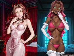 aerith_gainsborough ai_generated bed bedroom bikini boots brown_hair corrupted corruption crazy_eyes crazy_smile dark-skinned_female dark_aura dark_skin earrings ebonization empty_eyes evil_eyes evil_grin evil_smile face_markings female final_fantasy final_fantasy_vii glowing_eyes green_eyes hair_down hand_on_hip hand_to_own_mouth indoors laugh laughing_at_viewer long_hair medium_breasts multicolored_hair navel necklace omega_weirdo patreon pink_dress pink_hair race_swap sleeves slutification smug solo solo_female wavy_hair
