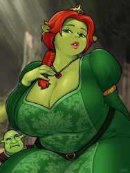 1boy1girl 1girl1boy 2020s 2025 2025s alternate_breast_size bbw big_breasts blazbaros braided_hair breasts canon_couple character_in_background chubby chubby_female cleavage dreamworks dreamworks_animation dress golden_tiara green_body green_dress green_eyes jpeg looking_at_viewer necklace ogre ogre_female ogre_girl ogres ogress_fiona pink_lips plump plump_breasts plump_lips princess princess_fiona princess_fiona_(ogre) red_hair red_necklace screencap_background shiny_skin shrek shrek_(series) swamp thick_thighs tiara twitter_link watermark