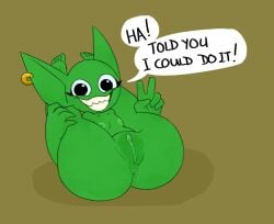 1girl anus ass delphi_(nylonheretic) dialogue english_text feet female flat_chest flexible goblin goblin_female green_body legs_up looking_at_viewer nipples nude nylonheretic peace_sign pussy shortstack smile solo text