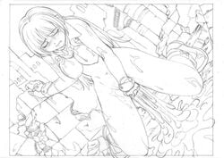 blacksmith blacksmith_(ragnarok_online) boots breasts closed_eyes cum cum_inside cum_pool female gloves kneeling long_hair monochrome navel nipples nude open_clothes open_shirt overflow pussy ragnarok_online scarf shirt silver_hair sketch solo sweat tears virgin work_in_progress xration