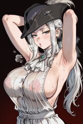 1female 1girls 2025 ai_assisted ai_generated armpits arms_behind_back arms_up background big_breasts bloodborne blush blushing_female breasts erect_nipples female female_focus female_only fromsoftware green_eyes half-closed_eyes hard_nipples heavy_breathing lady_maria_of_the_astral_clocktower large_breasts light-skinned_female light_skin lips long_hair nipples nipples_visible_through_clothing no_bra parted_lips ponytail pose posing posing_for_the_viewer puckered_lips see-through see-through_clothing see-through_shirt shirt sideboob simple_background smile smiling sweat sweating teasing teasing_viewer tricorne uncensored video_game video_game_character video_game_franchise video_games wet wet_clothes wet_shirt white_hair