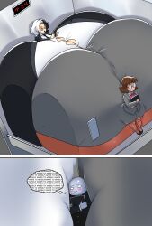 1boy 2girls ass ass_built_separately between_breasts between_buttocks black_hair breasts brown_hair cleavage colossal_ass colossal_breasts elevator elevator_interior english_text female female_focus glasses hilda_(icymasamune) hips hyper hyper_ass hyper_breasts icymasamune large_ass large_breasts office_clothing office_lady phone round_glasses smothering smothering_ass smothering_breast squished_ass squished_breasts text thick_thighs thighs thought_bubble tie white_highlights wide_hips