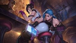 1boy 4girls anal_fingering arcane arcane:_league_of_legends arcane_jinx ass bar_(place) bar_stool bartender black_hair black_pants blue_hair blue_pants braid breasts cammy_white cellphone child_bearing_hips china_dress chinese_clothes chun-li clenched_teeth commentary crop_top crossover curvaceous curvaceous_ass curvaceous_body curvaceous_female curvaceous_figure curvaceous_hips curvaceous_thighs curvy curvy_body curvy_female curvy_figure curvy_hips curvy_thighs dress eastern_and_western_character el_fuerte english_commentary female female_focus fingering fingering_through_clothes from_below grin hair_horns highres indoors jinx_(league_of_legends) juri_han large_breasts league_of_legends luchador_mask mask multiple_girls pants phone purple_pants riot_games second-party_source shirt sitting smartphone smile stool street_fighter street_fighter_6 sunkeytail teeth thick thick_hips thick_legs through_clothes waifu white_dress white_pants white_shirt yuri
