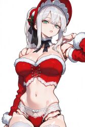 1female 1girls 2025 ai_assisted ai_generated background big_breasts bloodborne blush blushing_female breasts christmas christmas_clothing christmas_outfit cleavage clothed_female clothing cropped_shirt doll doll_joints female female_focus female_only fromsoftware green_eyes lace_panties large_breasts light-skinned_female light_skin lingerie long_hair nipples panties plain_doll ponytail pose posing revealing_clothes santa_costume seductive sexy sexy_clothing simple_background smile smiling uncensored video_game video_game_character video_game_franchise video_games white_hair