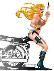 black_boots catthouse_studios danger_girl image_comics knife_sheath knives looking_at_viewer motorcycle natalia_kassle oni_(artist) roadkill_(catthouse_studios) secret_agent see-through_top strapped_boots