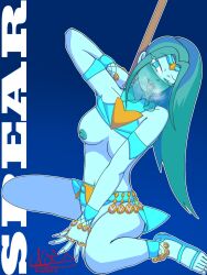 1girls belly_dancer_outfit blue_body blue_eyes blue_skin blush breath_cloud earclacks female heart-shaped_pupils legs_spread nipples saliva_drip spear spear_(weapon_ball_battles) spread_legs tongue_out veil weapon_ball_battles