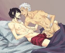 2boys bandage black_hair erection gay katekyo_hitman_reborn katekyo_hitman_reborn! kyoya_hibari male male/male male_only on_bed ryohei_sasagawa simple_background touching_penis white_hair yaoi