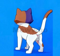 all_fours ass balls brown_fur calico_cat cat_tail cub domestic_cat feral grey_fur kit_(fortnite) male male_cub male_only penile_spines penis raised_tail rear_focus solo tail white_fur young
