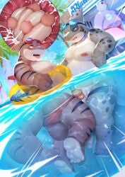 2_penises animal_genitalia animal_penis anthro background_character bodily_fluids clothed clothing countershading cum cum_in_slit cum_inside domestic_pig duo eyewear feet fish genital_fluids genitals goggles hemipenes hi_res internal male male/male mammal marine moobs mottled mottled_body mottled_skin multi_genitalia multi_penis overweight overweight_anthro overweight_male palm_tree pawsve penetration penis pig plant pool_float shark sky slit_penetration slit_play striped_body stripes suid suine sus_(pig) swimming_goggles swimming_trunks swimwear swimwear_down tongue tongue_out topless tree waterline_view