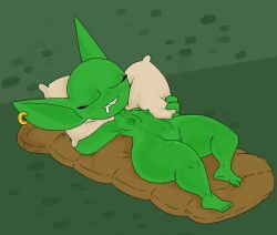 1girl bottom_heavy closed_eyes delphi_(nylonheretic) feet female flat_chest goblin goblin_female green_body lying mattress nipples nude nylonheretic pillow pillow_grab pussy shortstack sleeping solo thick_thighs