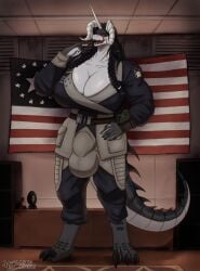 anthro belt big_breasts bomb braided_hair breasts bulge buttplug clothing deathclaw detailed_bulge enclave_(fallout) explosives face_lick fallout flag genital_outline gynomorph hair hi_res horn intersex licking litehase looking_at_viewer microsoft muscular muscular_gynomorph muscular_intersex nuka-cola penis_outline pip-boy plug_(sex_toy) red_eyes scalie sex_toy solo tail tongue uniform