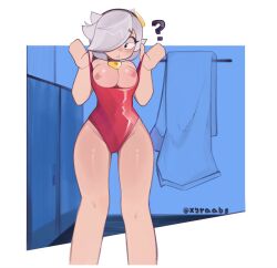 1girls brawl_stars breasts breasts_out colette_(brawl_stars) collar female hair_over_one_eye question_mark solo supercell swimsuit swimsuit_colette_(brawl_stars) thighs tight_clothing towel white_hair xyraabs