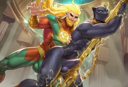 2boys ai_generated aquaman aquaman_(series) bara black_clothing black_panther_(marvel) blonde_hair bondage bulge bulge_through_clothing chains clothed dark-skinned_male dark_skin dc_comics electrostimulation forced_orgasm from_behind_position interracial male male/male male_only marvel marvel_comics muscles muscular muscular_male tight_clothing trident yaoi
