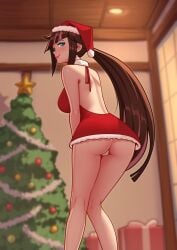 ass back backless_dress backless_outfit blue_eyes blunt_bangs breasts brown_hair christmas christmas_tree deilan12 eyelashes eyeshadow fur_trim gift gift_box heroine_(pokemon_conquest) highlights kneepits large_breasts legs legs_together lips lipstick long_hair looking_at_viewer looking_back miniskirt multicolored_hair panties pantyshot pokemon pokemon_conquest ponytail presenting red_dress roncostar santa_hat sliding_doors smile swept_bangs thighs upskirt very_long_hair white_panties wide_hips