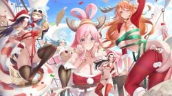 5girls animal_ears antlers ass bikini black-haired_female black_hair black_pantyhose black_thighhighs blue-haired_female blue_eyes blue_hair blue_sky boa_hancock breasts christmas cleavage crotchless crotchless_pantyhose earrings extra_arms fake_animal_ears fake_antlers female female_only front-tie_bikini_top front-tie_top fur-trimmed_headwear fur_trim gainoob gloves hat heart_maebari heart_pasties highres horns jewelry large_breasts long_hair looking_at_viewer maebari mermaid monster_girl multiple_girls nami_(one_piece) nefertari_vivi nico_robin one_piece orange-haired_female orange_hair outdoors pantyhose pasties pink-haired_female pink_hair rabbit_ears red_bikini red_gloves red_hat red_pantyhose red_ribbon red_shrug red_thighhighs reindeer_antlers ribbon salome_(one_piece) santa_bikini santa_costume santa_hat shirahoshi shrug_(clothing) signature sky smile snake snake_earrings swimsuit thighhighs thousand_sunny topless_female wanted_poster