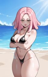 ai_generated arms_crossed arms_crossed_under_breasts beach bikini bikini_bottom bikini_top black_bikini day daylight daytime mei_hatsume my_hero_academia ocean pink_hair sunshine xuneai