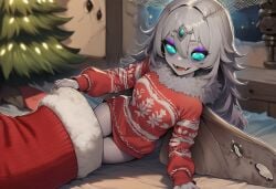 1girls ai_generated antennae_(anatomy) breasts christmas christmas_outfit christmas_tree circlet clothed clothing esther_(paigen) fairy fangs female fur_collar gem_eyes grey_skin holidays insect_girl insect_humanoid insect_wings jewelry large_breasts long_hair messy_hair minigirl monster_girl moth moth_girl original original_character paigen purple_eye_shadow purple_mascara silver_hair size_difference small_female teal_eyes tiny_female torn_wings wings