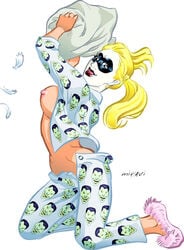 1girls batman_(series) blonde_hair breasts catthouse_studios dc_comics female female_only harley_quinn harley_quinn_(classic) miravi nipples open_clothes open_shirt pajamas pigtails pillow_fight slippers solo tied_hair white_background