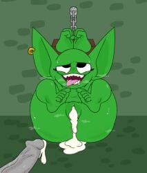 2022 after_sex after_vaginal ahegao ass cum cum_drip cum_in_pussy cum_inside cum_on_ground delphi_(nylonheretic) duo feet female goblin green_body hi_res looking_pleasured male male/female nude nylonheretic penis pussy shackled shackled_wrists shackles sharp_teeth shortstack solo_focus tongue tongue_out
